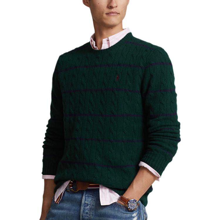 Polo Ralph Lauren FW23 Gestreifter Logo-Stickerei-Zopfstrickpullover Herrenpullover Grün MNPOSWE16821652-300