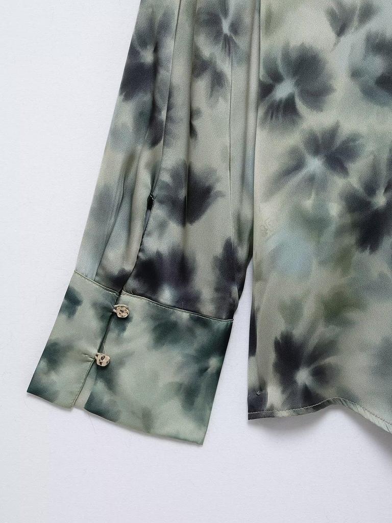 2025 Spring Women's European & American Style Print Silk Satin Long Sleeve Lapel Casual Shirt