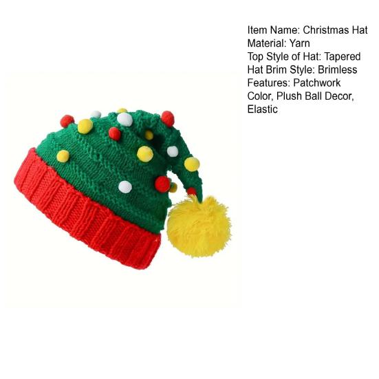 Christmas Knitting Hat Red Green Patchwork Color Knitted Wool Ball Decoration Holiday Hat Festive Party Wear