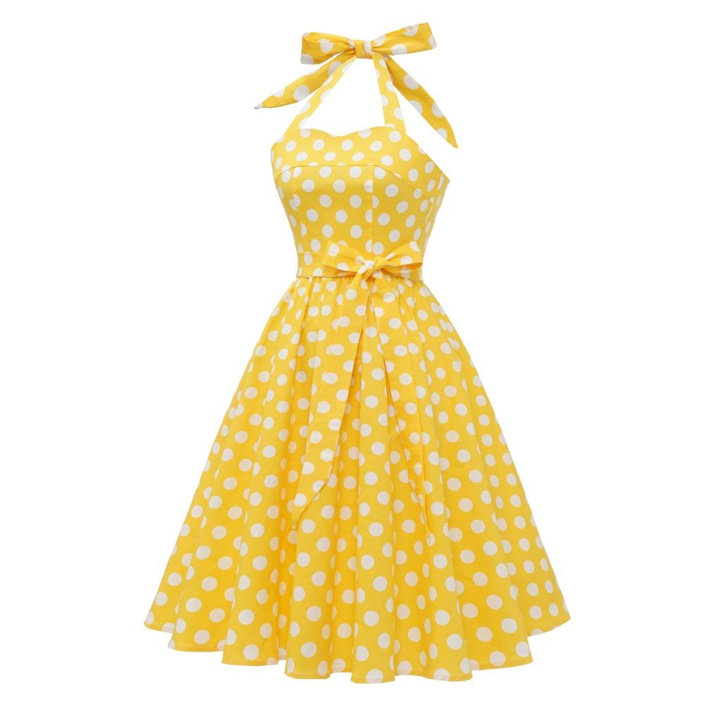 Retro-Pünktchen-Schnür-Neckholder-Ausgestelltes Ballkleid Performance-Kleid, Bohème-Stil
