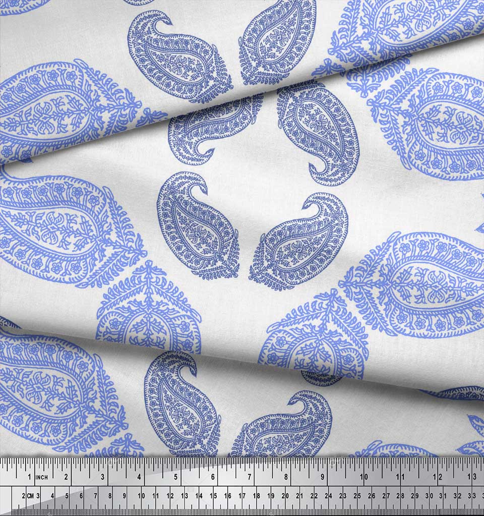 Soimoi Blue Japan Crepe Satin Fabric Floral & Block Print Fabric by the metre 42 Inch