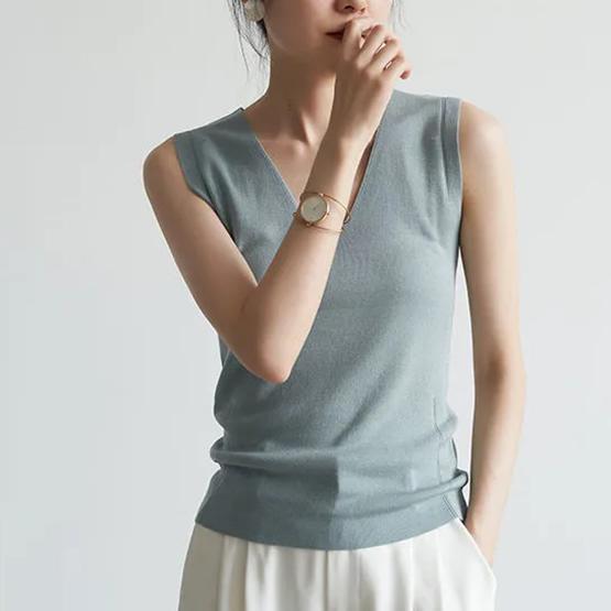 WTEMPO Tricotaj de primăvară toamnă pentru femei Veterinări cu decolteu în V Cămăși fără mâneci cu partea inferioară interioară Elegantă Casual Versatile Topuri din mătase de gheață