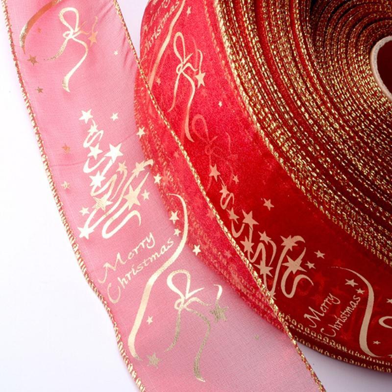 Red Flower Printing Christmas Ribbon Christmas Tree Decoration (Color: Red)