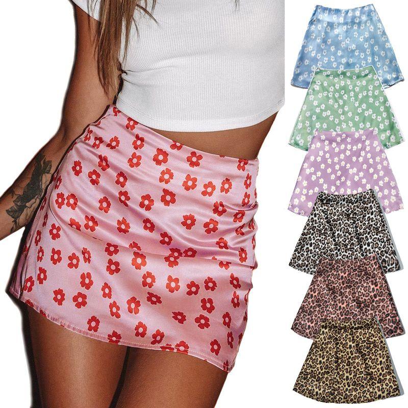 Leopard Floral High Waist Zip Skirt Women's Leopard Print Floral High Waist Zip Skirt