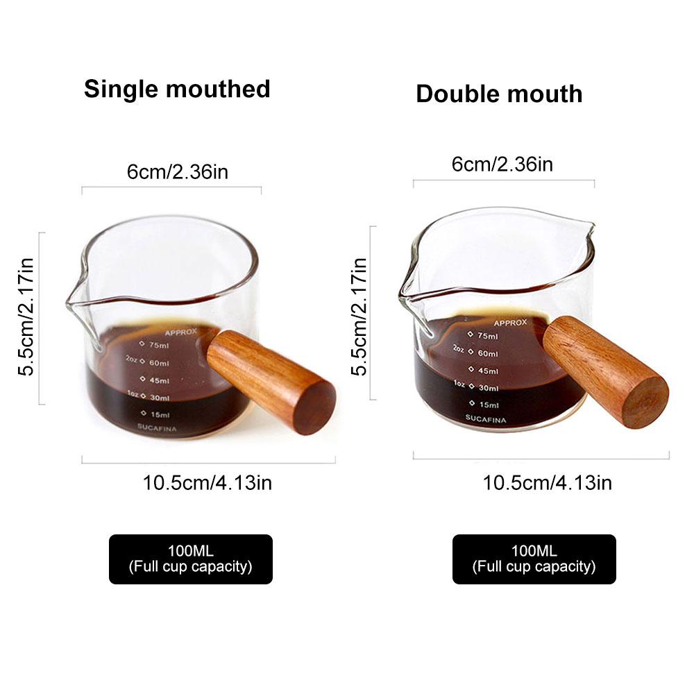 Double Spouts Measuring Triple Pitcher Milk Cup with Wood Handle 75ML Espresso Shot Glasses Parts Clear Glass