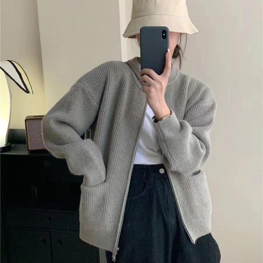 Retro Solid Color Lazy Wind Sense Pit Strip Double Zipper Knitted Cardigan Female Loose Soft Temperament Sweater Coat