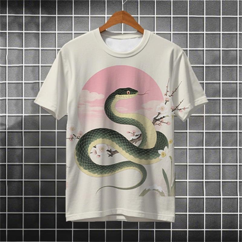 Cartoon Snake Pattern T Shirts For Men Summer Fashion Streetwear 3D Printed Ukiyo-e T-shirts Cool Oversized Crew Neck Tees Tops