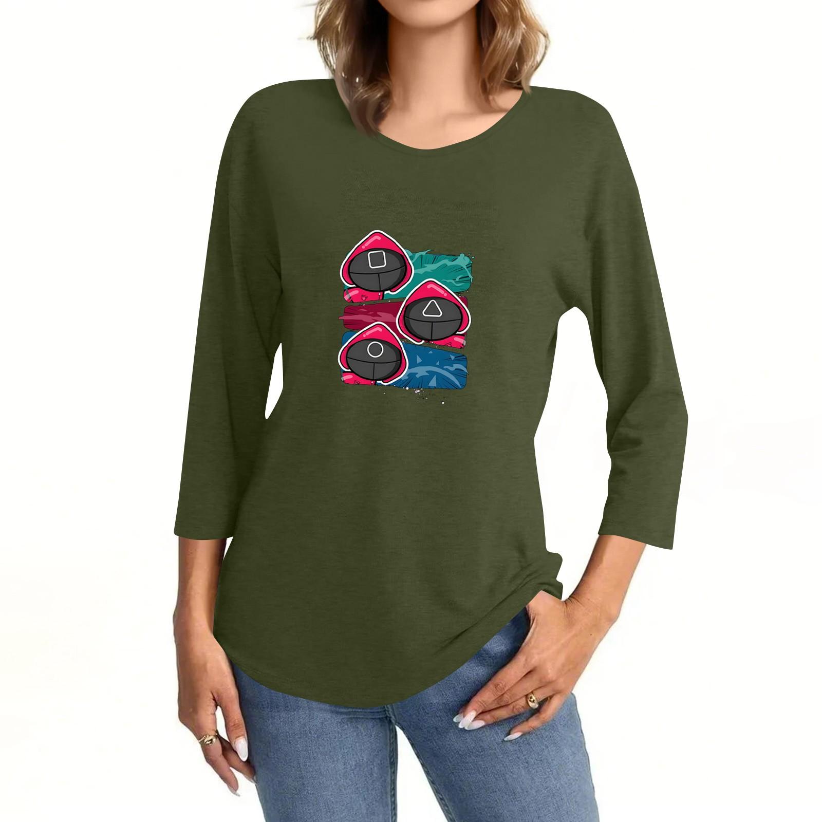 

Women s Fashionable Casual Three Quarter Sleeve Printed Collar Pullover Top S