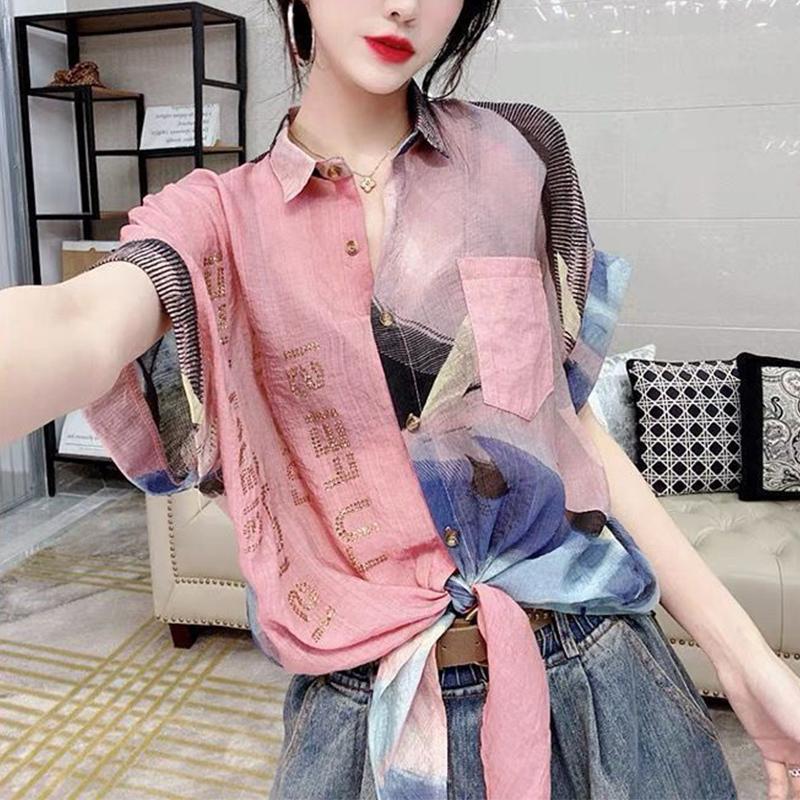 Y2K Summer Casual Fashion Diamonds Patchwork Chiffon Shirt Lady Short Sleeve Loose All-match Buttons Tops Women Printed Blouse
