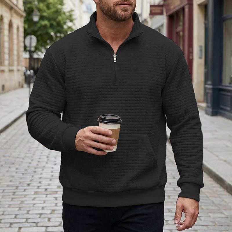 Men's Waffle Knit Half-Zip Pullover Casual Stand Collar Sweatshirt with Kangaroo Pocket