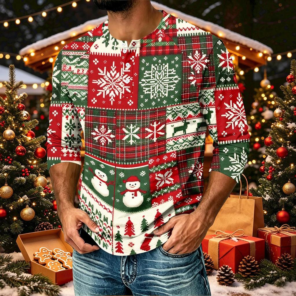 Men's Casual Raglan Three-Quarter Sleeve Shirt with Christmas Print