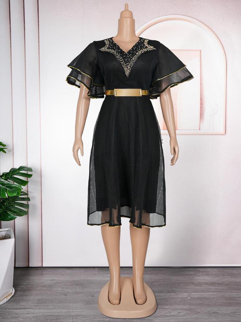 Plus Size V-neck African Women’s Bodycon Dress with Beaded Belt