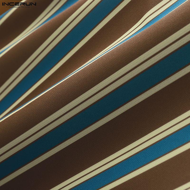 INCERUN Oversized Men V Neck Long Sleeve Striped Print Casual Loose T-shirts Tops