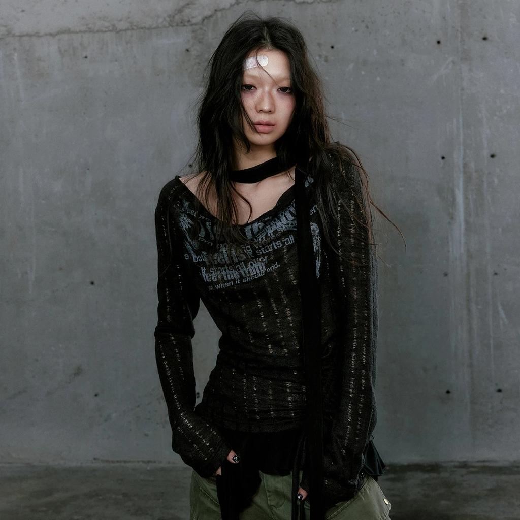 2KWEIRD Grunge Aesthetics Knitted Tops Trashy Y2k Graffiti Print T-shirt Vintage Punk Irregular Patchwork Knitwear High Street