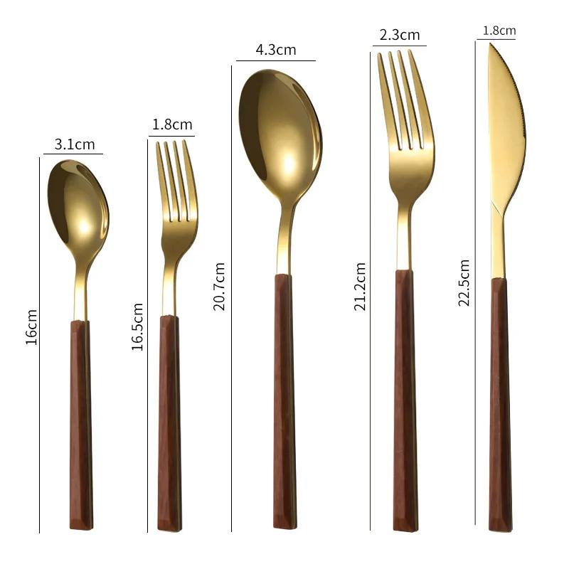 5PCS Stainless Steel Imitation Wooden Handle Cutlery Set Knife Fork Spoon Western Tableware Kitchen Flatware Set Dinnerware
