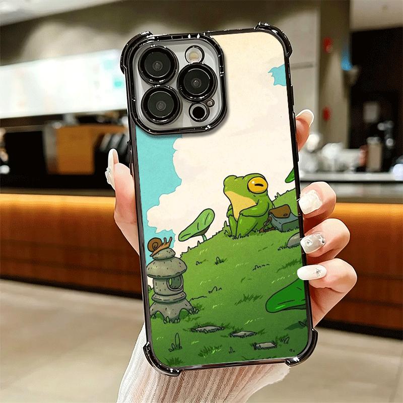 Cute Cartoon Frog Plating Phone Case For Iphone 16 17 Pro Max Air 16E 14 15 Plus 12 13 Mini Anti-Fall Airabag Cover