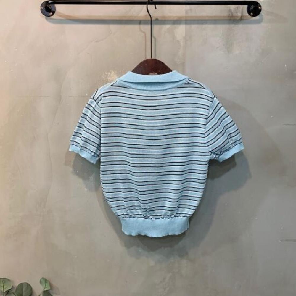C S In The Room Beho Stripe Open Collar Short Sleeve Knit 3 Color