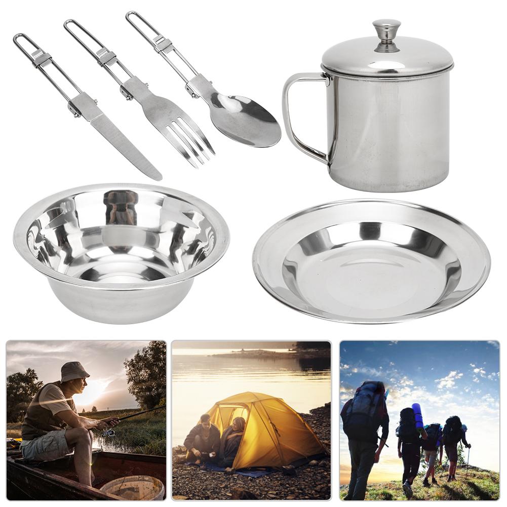Ensemble de vaisselle d'extérieur en acier inoxydable portable pour une personne, batterie de cuisine pour camping, pique-nique, randonnée