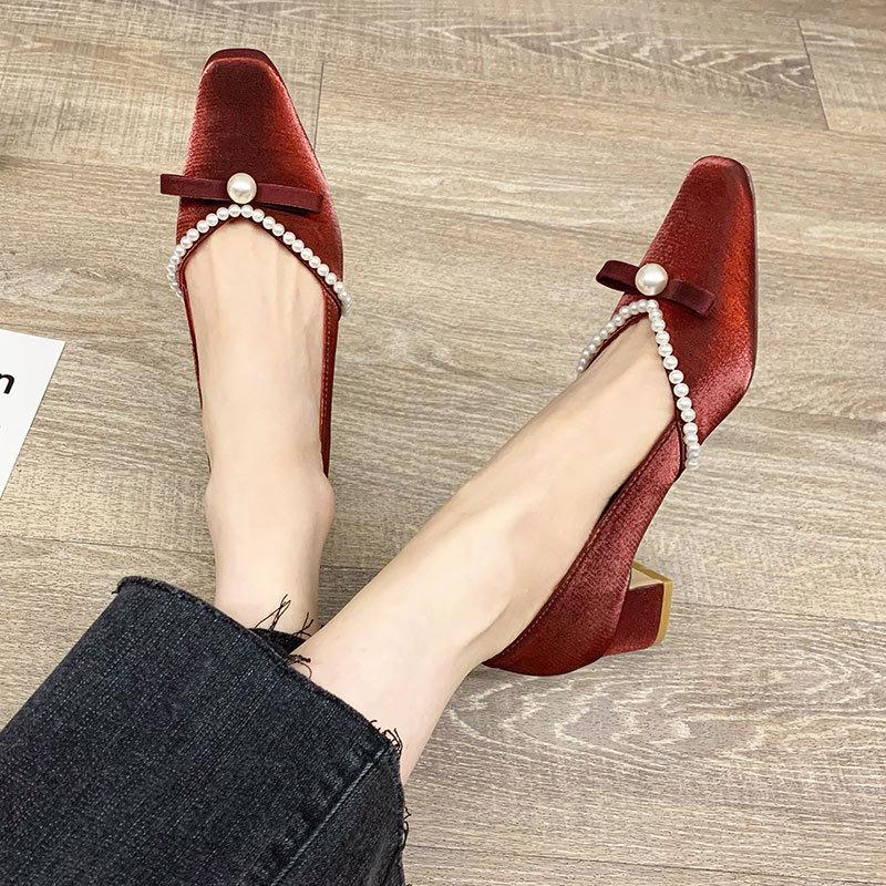 Single Shoes Women's Medium Heel Thick Heel High Heels French Pearl Small Square Head Shallow Mouth Versatile 2025 Spring and Autumn New Women's Shoes