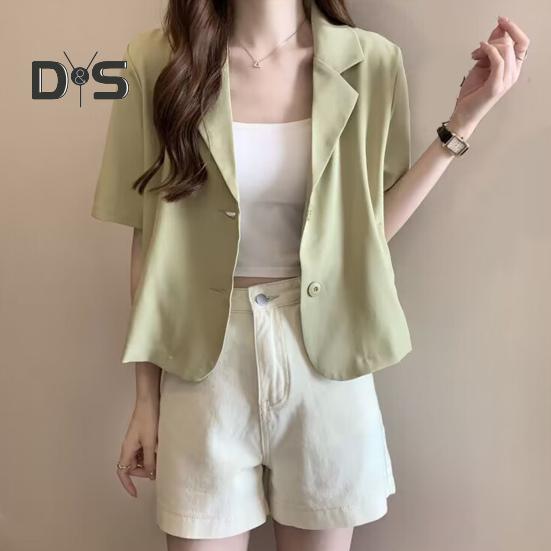 Dámské sako s klopami, krátkým rukávem a volným střihem, s kapsami, jednobarevné, volného střihu, letní business kabát