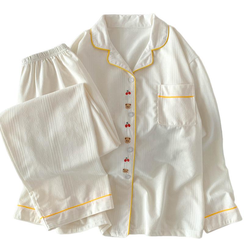 Embroidery Cartoon Solid Color Jacquard Imitation Cotton Pajamas Women'S Spring And Autumn Long-Sleeved Milk Huhu Loungewear Real Shot