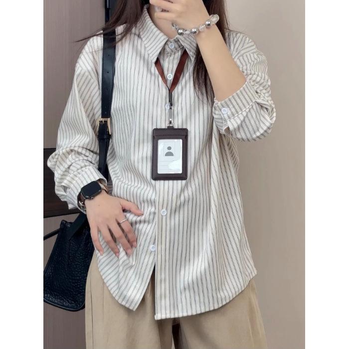 

Striped Retro Loose Shirt for Spring & Autumn - Foldable, Versatile Layering Top Large абрикосовий