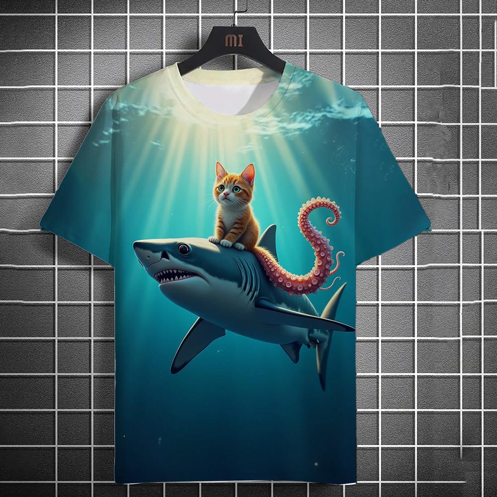 Camiseta Masculina Estampada 3D Praia Gato Pescando Camiseta de Manga Curta Estampada Diária Casual Gola Redonda Poliéster