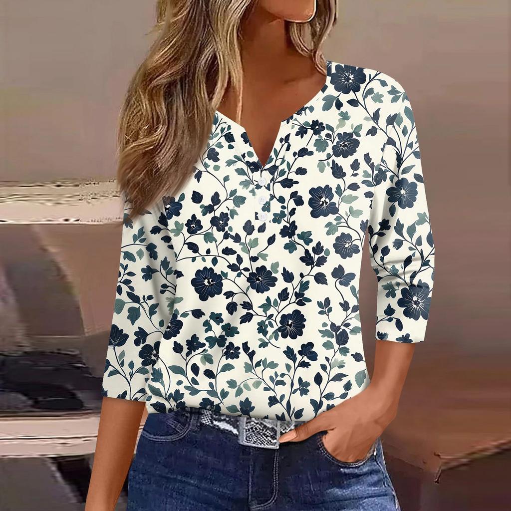 Women's T Shirt Print Button 3/4 Sleeve Daily Weekend Fashion Basic V- Neck Regular Top