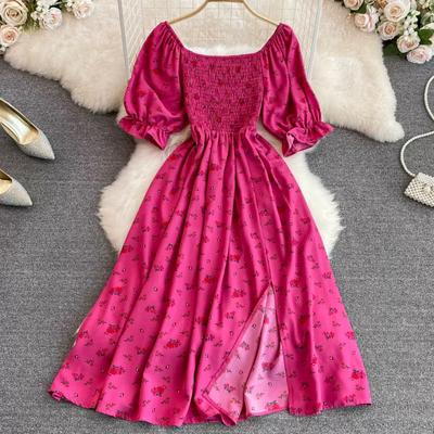Mode Sommer Blume Drucken Lange Kleid Frauen Vintage Square Neck Geraffte Brust Split Sommerkleid Party