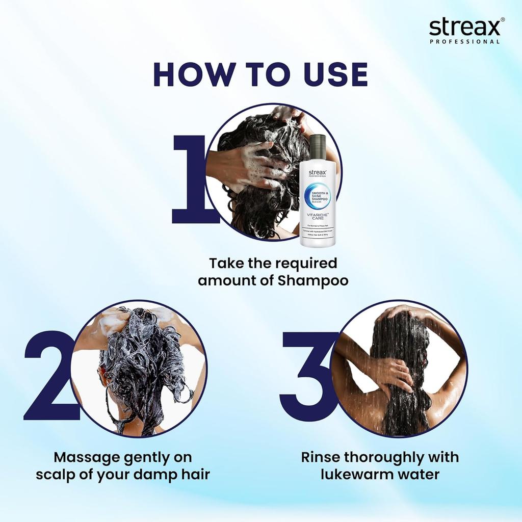 Streax Professional Vitariche Care Smooth Shine Shampoo For Women 300ml Nourishing Hair Frizz Control