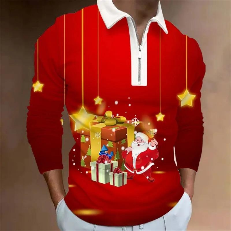 Men Fashion Spring Autumn Polyester Zippo Polo Shirt  Christmas 3D Digital Print Casual Polo Shirt Tops