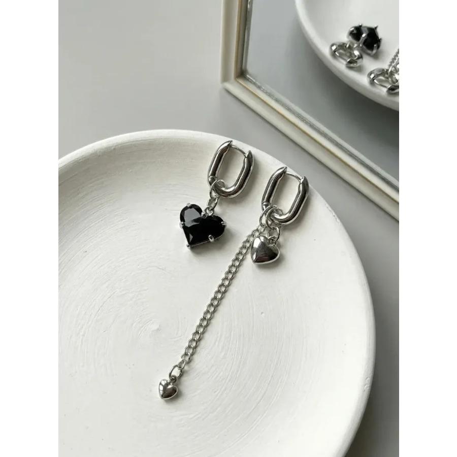 Fashion Tassel Zircon Heart Asymmetric Long Earrings