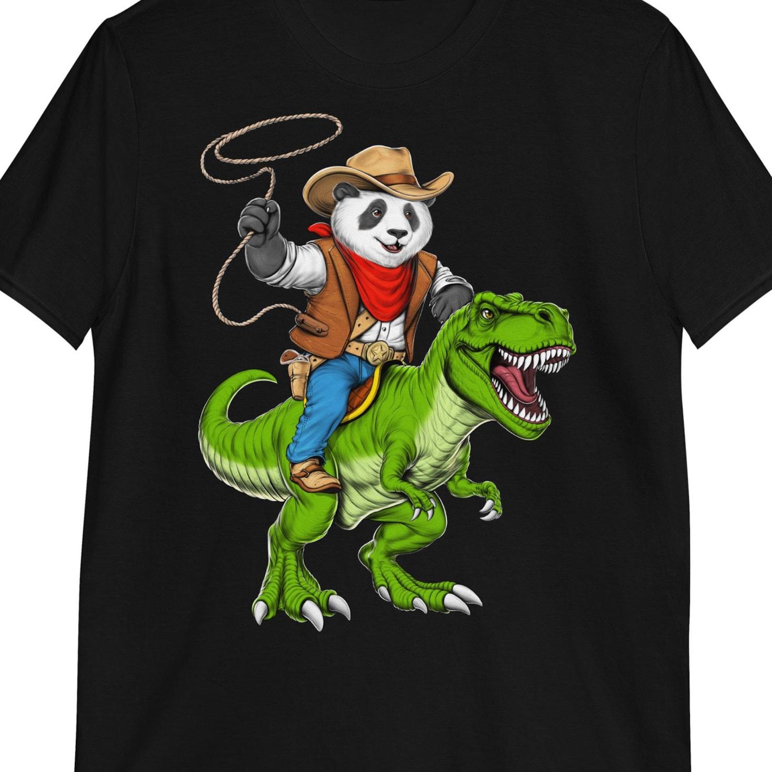 Panda Riding T-Rex Dinosaur T-Shirt: Funny Cowboy Tee 150