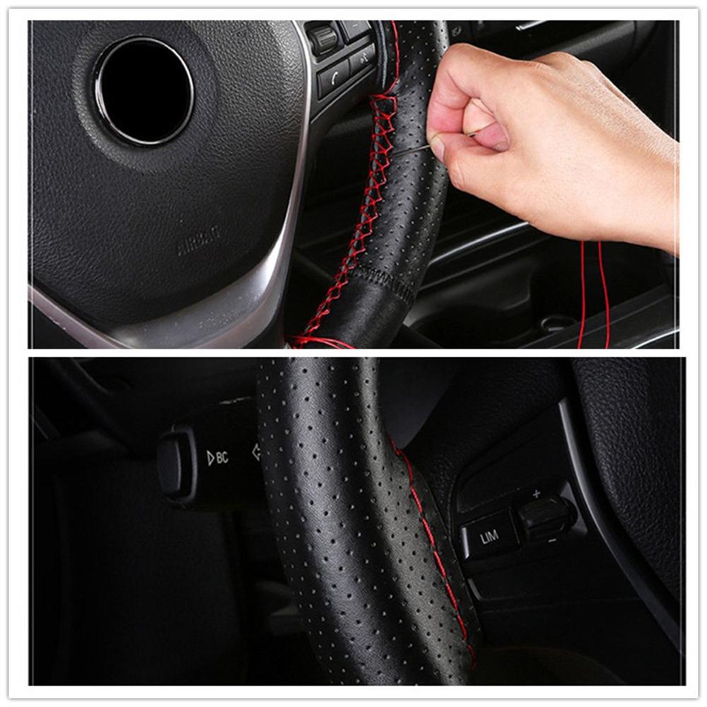 Universal Braid Steering Wheel Cover 38cm Leather Hand Sewing Steering Wheel Cover Genuine Cowhide Leather with Needles Thread