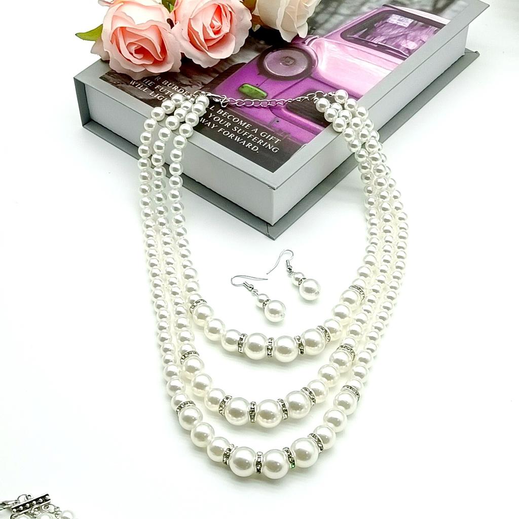 European and American popular French highlight new three-layer size pearl mixed and matched necklace temperament necklace earrings set