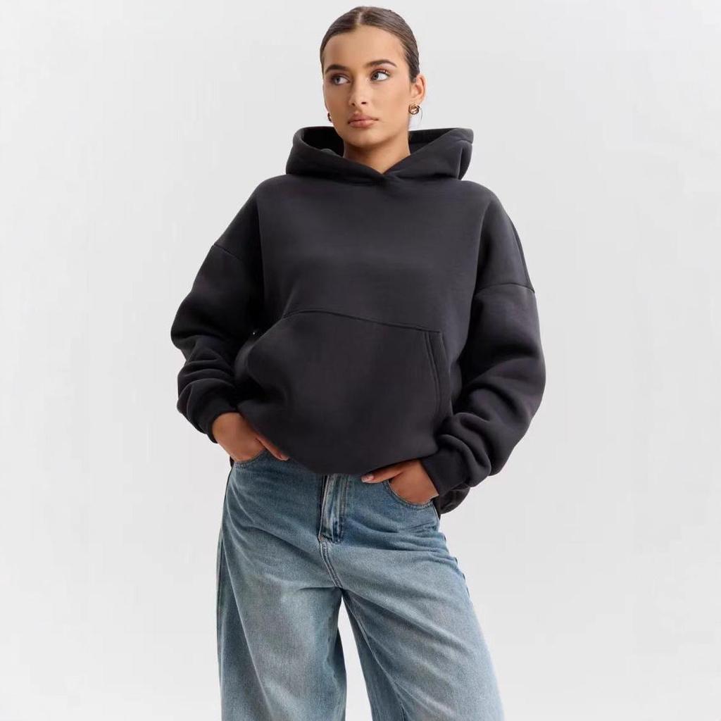 2025 Autumn/Winter Women's Fashion Casual Solid Color Loose Hooded Sweatshirt