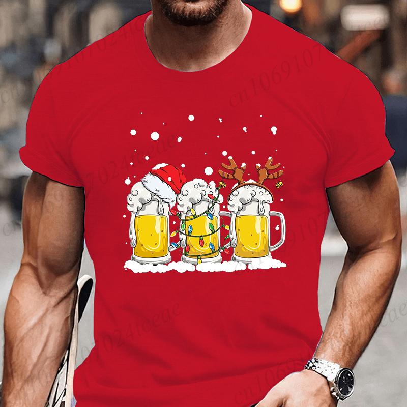 Tshirt Beer Christmas with Santa Reinbeer Xmas Lights Humor T Shirt Camiseta Christmas Party T Shirts Tops Streetwear T-shirts