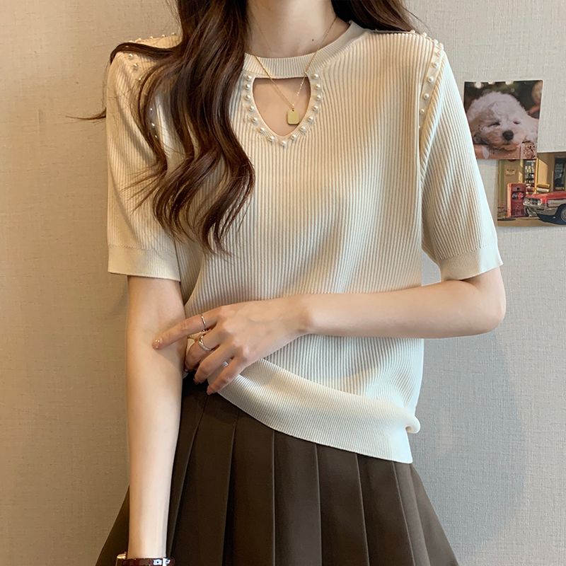 Women's Ice Silk Knitted Shirt Summer Beaded Short Sleeve T-shirt Women's Hollow Top