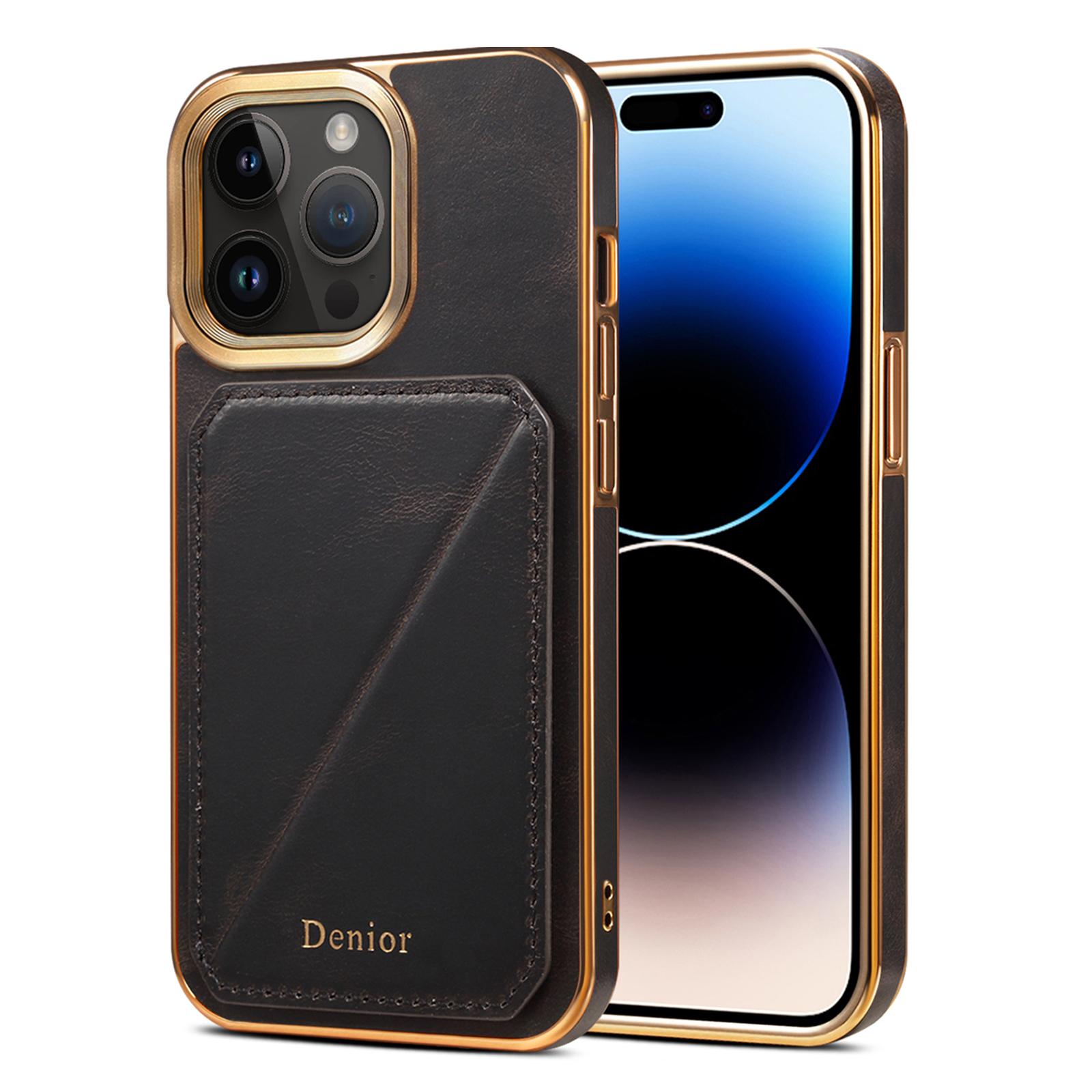 

DENIOR Electroplating Phone Case for iPhone 14 Pro Card Holder Kickstand Waxy Genuine Cow Leather Coated TPU+PC Cover Black