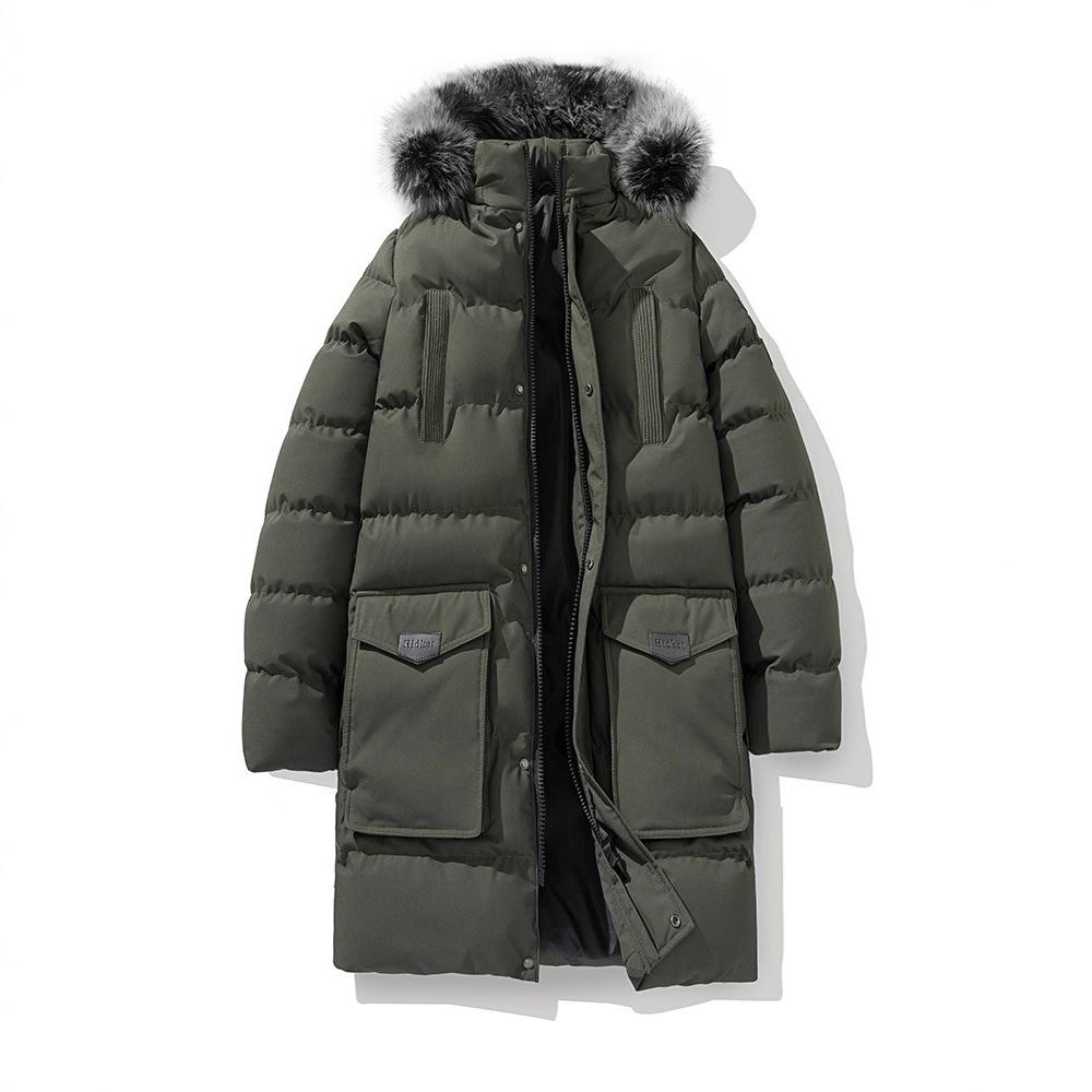 Large Size Men's Jacket Winter Hooded Cotton Jacket Mid-length Cotton Jacket Thickened Warm Large Wool Collar Cotton Jacket