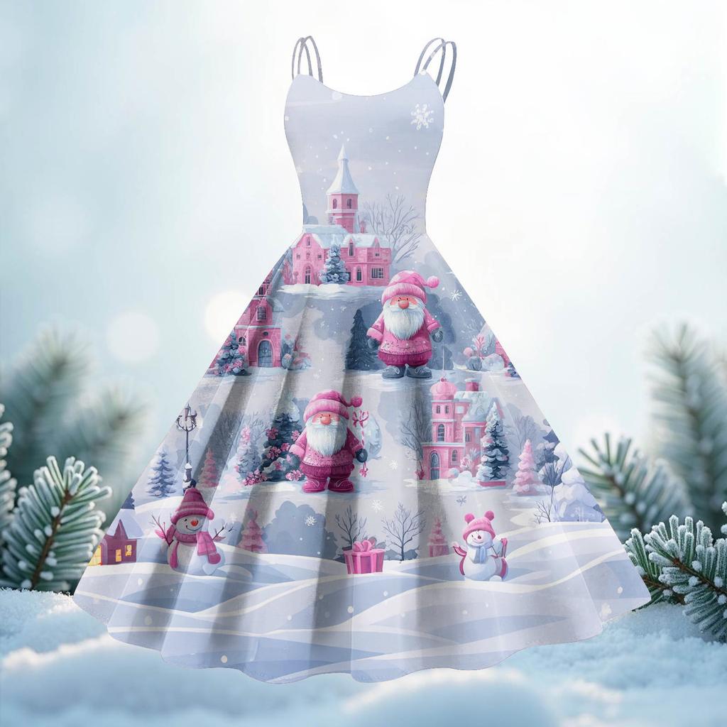 Women's Christmas Print Casual Fashion Round Neck Mid-Length Dress