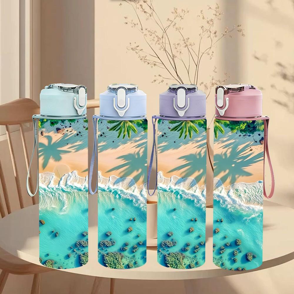 1PC Tropical Beach Ocean Lagoon Scenery Painting 750ml Color Plastic Sports Water Bottle Leakproof Flip Straw Lid Suitable for Sports Office Home Use