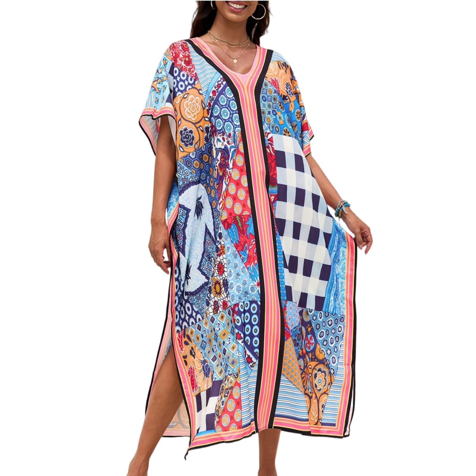 

Женское платье, красочные цветочные принты, свободный халат для отпуска, бикини, защитный халат от солнца One Size синий