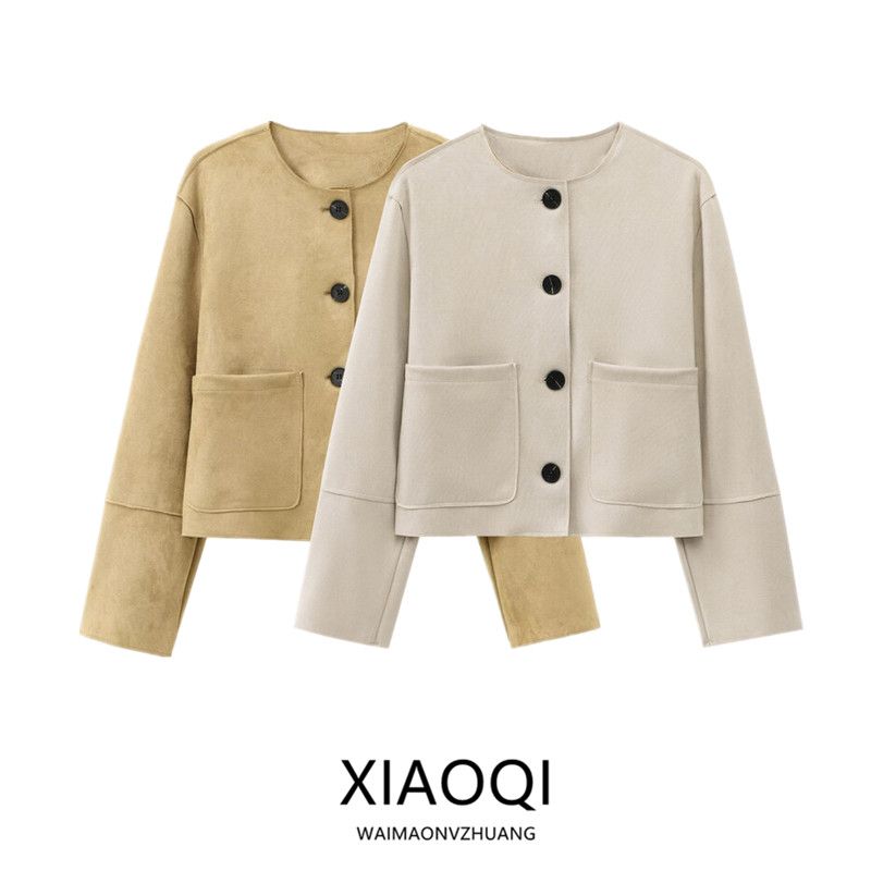 Fashion Style 2024 Autumn New Women's Clothing All-Matching Suede Texture round Neck Long Sleeves Jacket Outwear 6318233