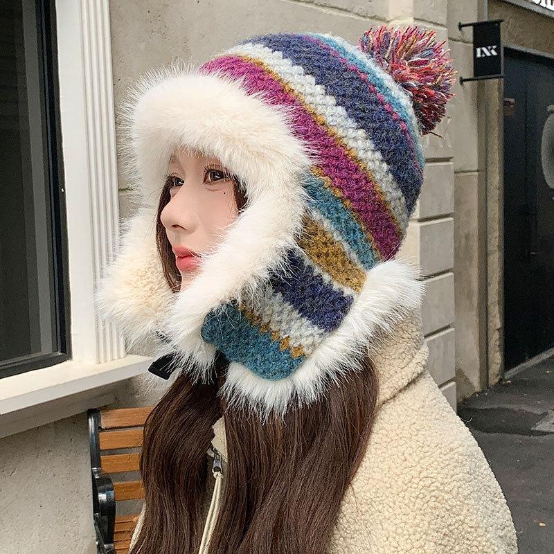 Warm Knitted Hat Women's Winter Color Striped Lei Feng Hat Outdoor Plush Hat