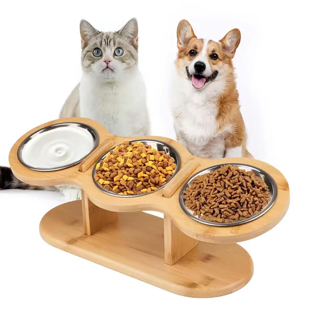 Cat Feeding Station Stainless Steel Elevated Cat Bowls With 15 Degree Tilted Wood Stand Raised Cat Food Bowls for Cats and Puppy
