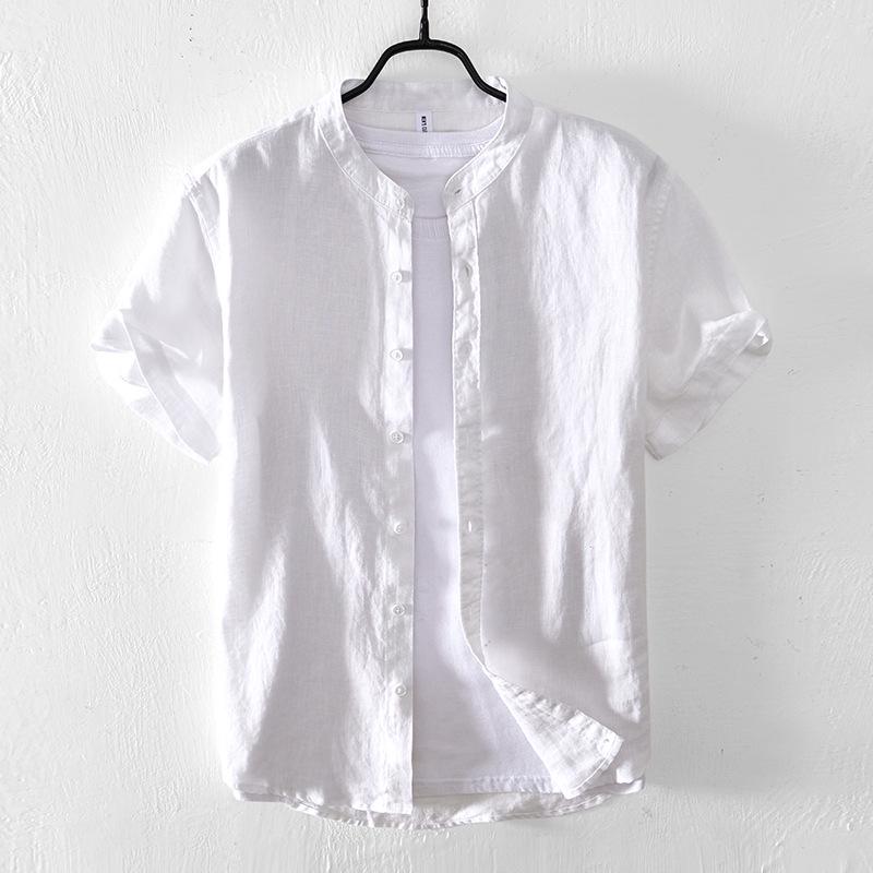 

Мужская летняя льняная рубашка с воротником-стойкой и коротким рукавом - японский стиль, молодежный свободный крой 2XL белый