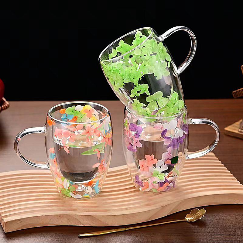 1 taza para té y café de vidrio de borosilicato de alta calidad Ins Trends, taza con flores secas y flores, taza de vidrio de doble pared resistente al calor simple