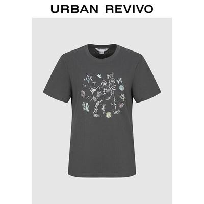 UR2026 Damen Handbemaltes Baumwoll-T-Shirt mit Katzenaufdruck