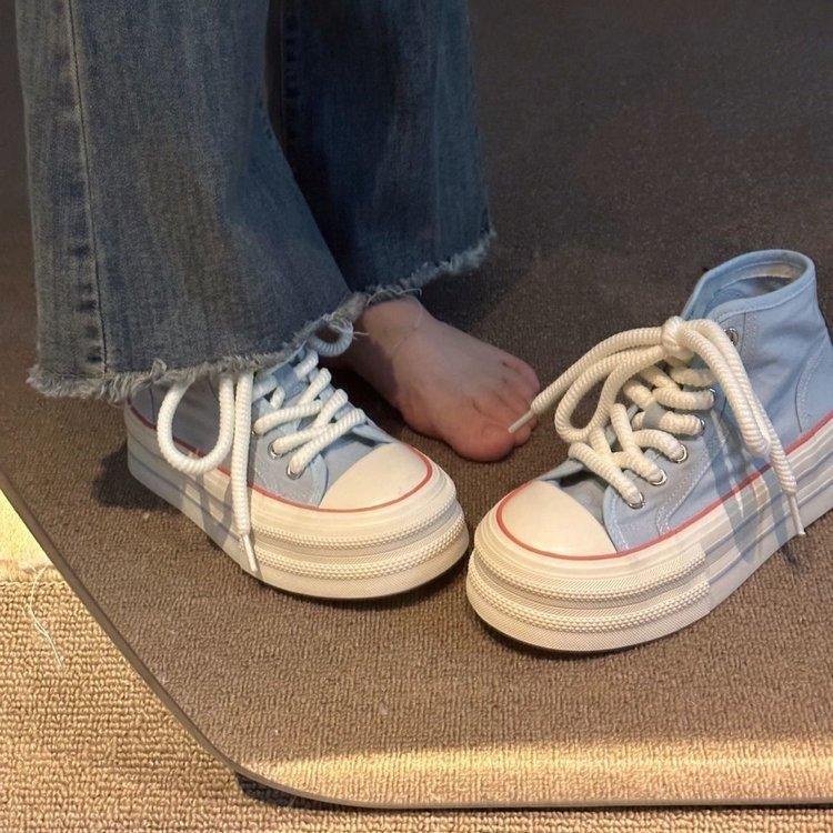 2024 Autumn and Winter New Niche Fashion Chic Board Shoes Dopamine High-top Canvas Shoes Women's Platform Casual White Shoes